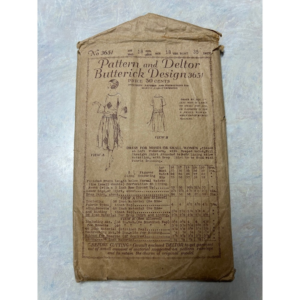 Vintage 1920's Butterick Pattern #3651 Draped Waist Dress Size 18 Yrs. HTF Rare